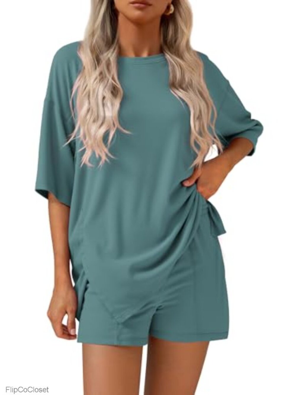 2 Piece Lounge Set Women Oversized Short Sleeve Top Wide Leg Shorts Soft Knit